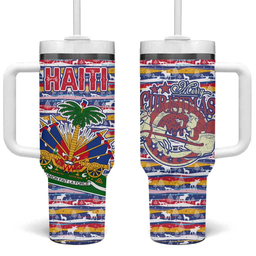 Haiti Christmas Tumbler With Handle with Blue Red Yellow Xmas Santa Sleigh and Coat of Arms - Wonder Print Shop