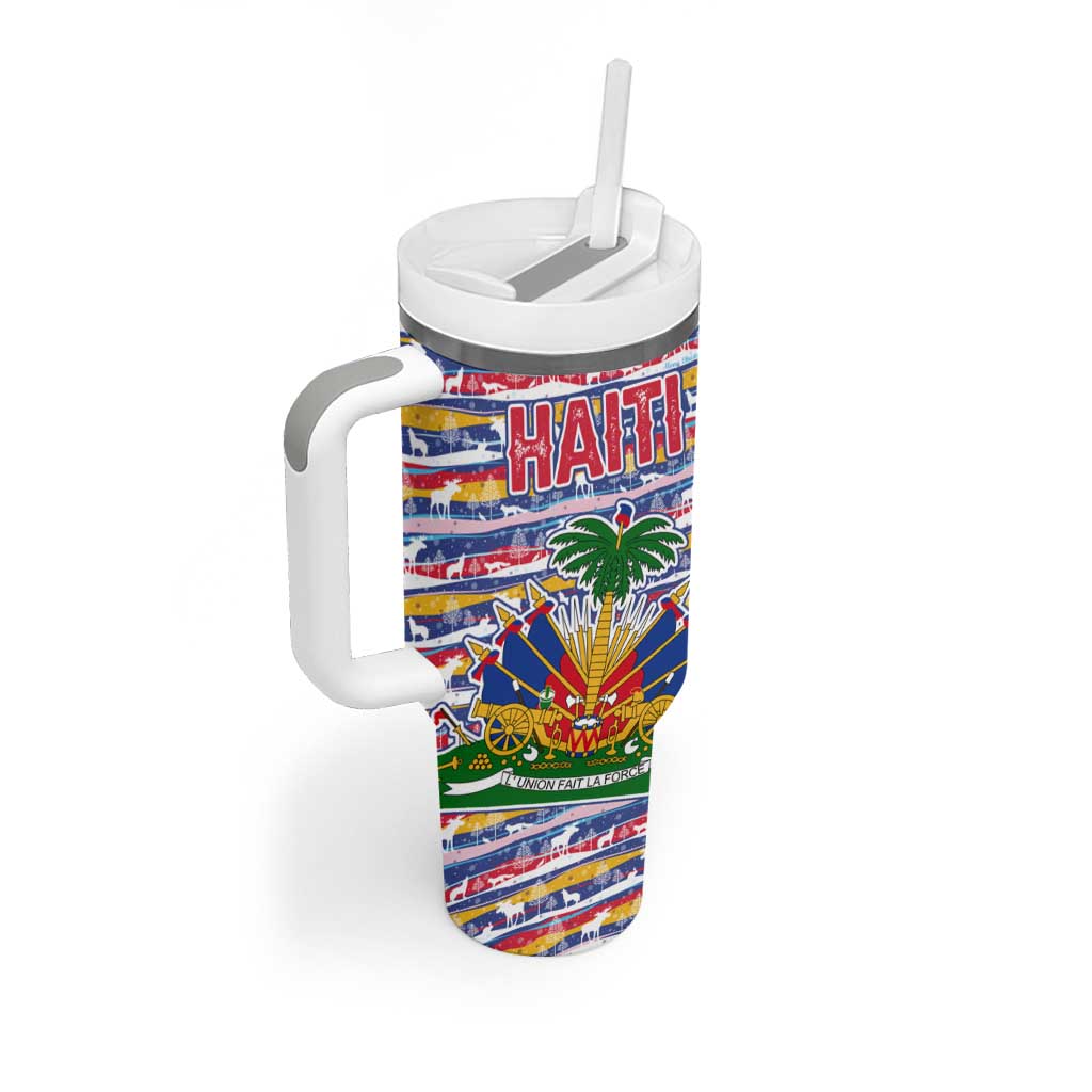 Haiti Christmas Tumbler With Handle with Blue Red Yellow Xmas Santa Sleigh and Coat of Arms - Wonder Print Shop