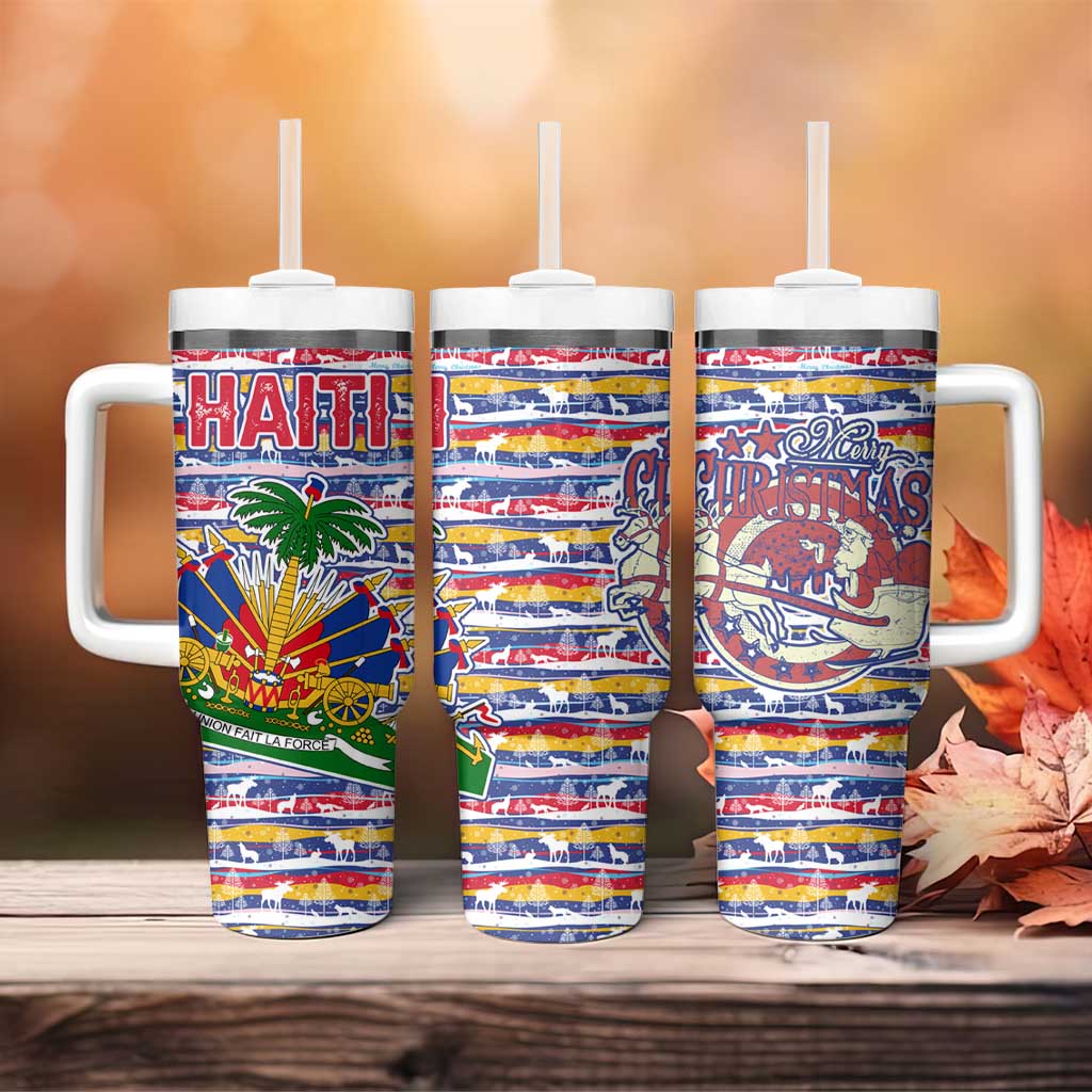 Haiti Christmas Tumbler With Handle with Blue Red Yellow Xmas Santa Sleigh and Coat of Arms - Wonder Print Shop