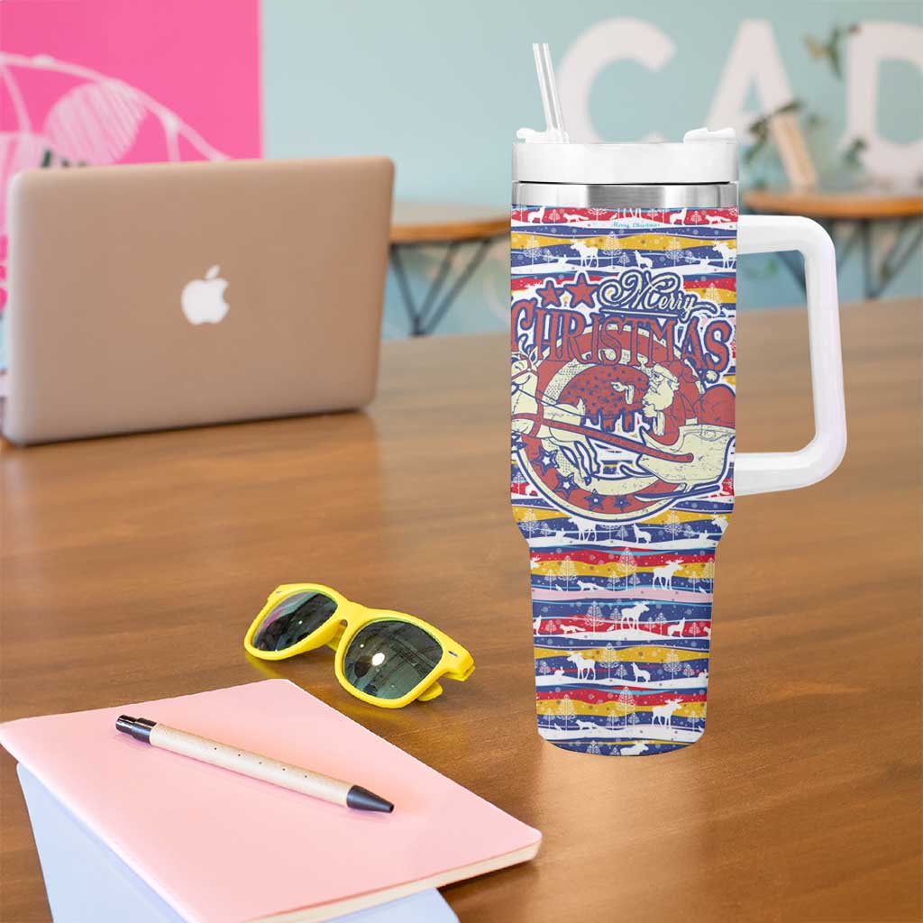 Haiti Christmas Tumbler With Handle with Blue Red Yellow Xmas Santa Sleigh and Coat of Arms - Wonder Print Shop