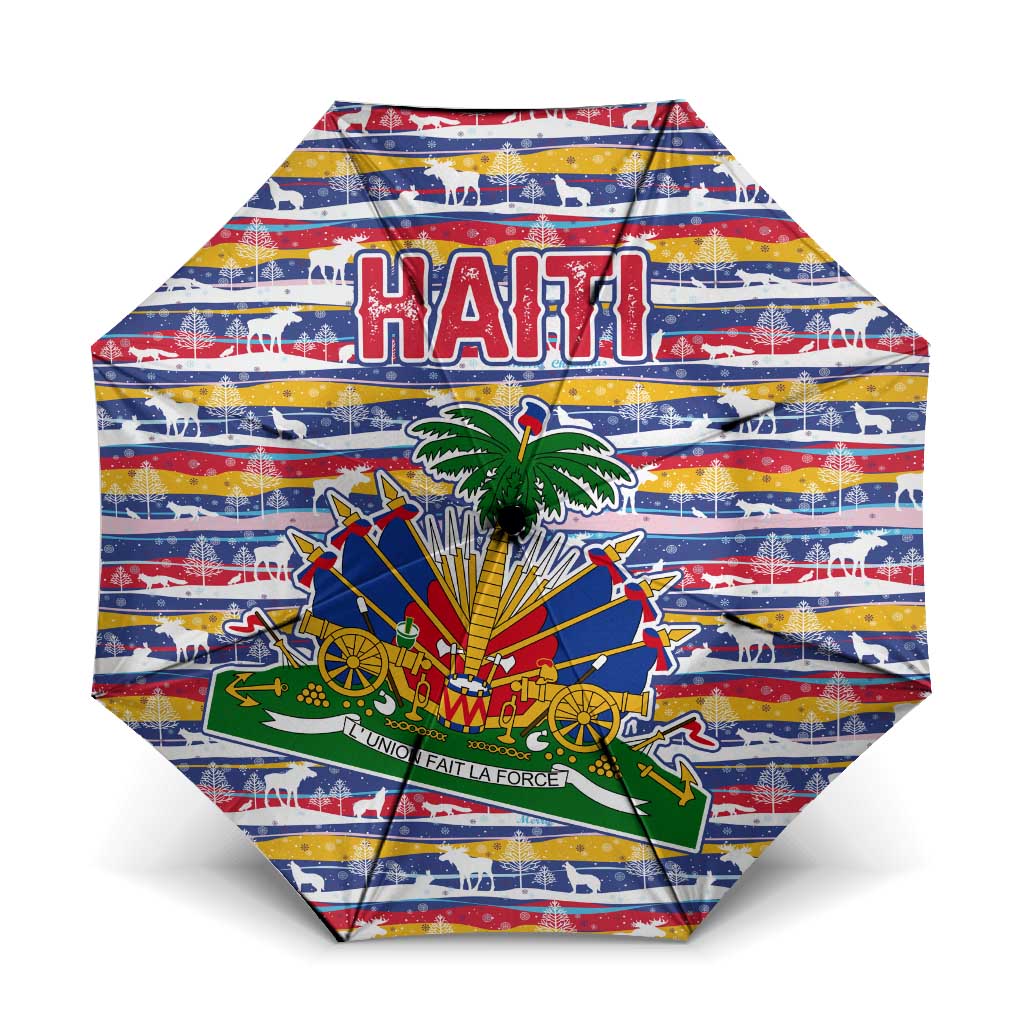 Haiti Christmas Umbrella with Blue Red Yellow Xmas Santa Sleigh and Coat of Arms - Wonder Print Shop