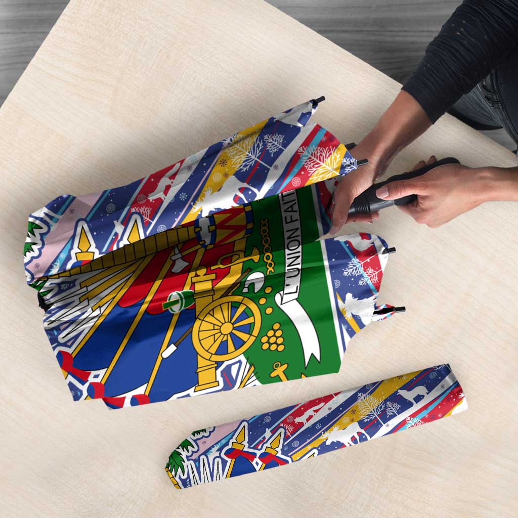Haiti Christmas Umbrella with Blue Red Yellow Xmas Santa Sleigh and Coat of Arms - Wonder Print Shop