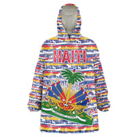 Haiti Christmas Wearable Blanket Hoodie with Blue Red Yellow Xmas Santa Sleigh and Coat of Arms - Wonder Print Shop