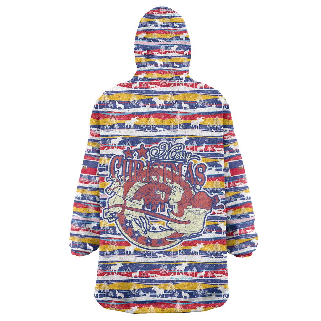 Haiti Christmas Wearable Blanket Hoodie with Blue Red Yellow Xmas Santa Sleigh and Coat of Arms - Wonder Print Shop