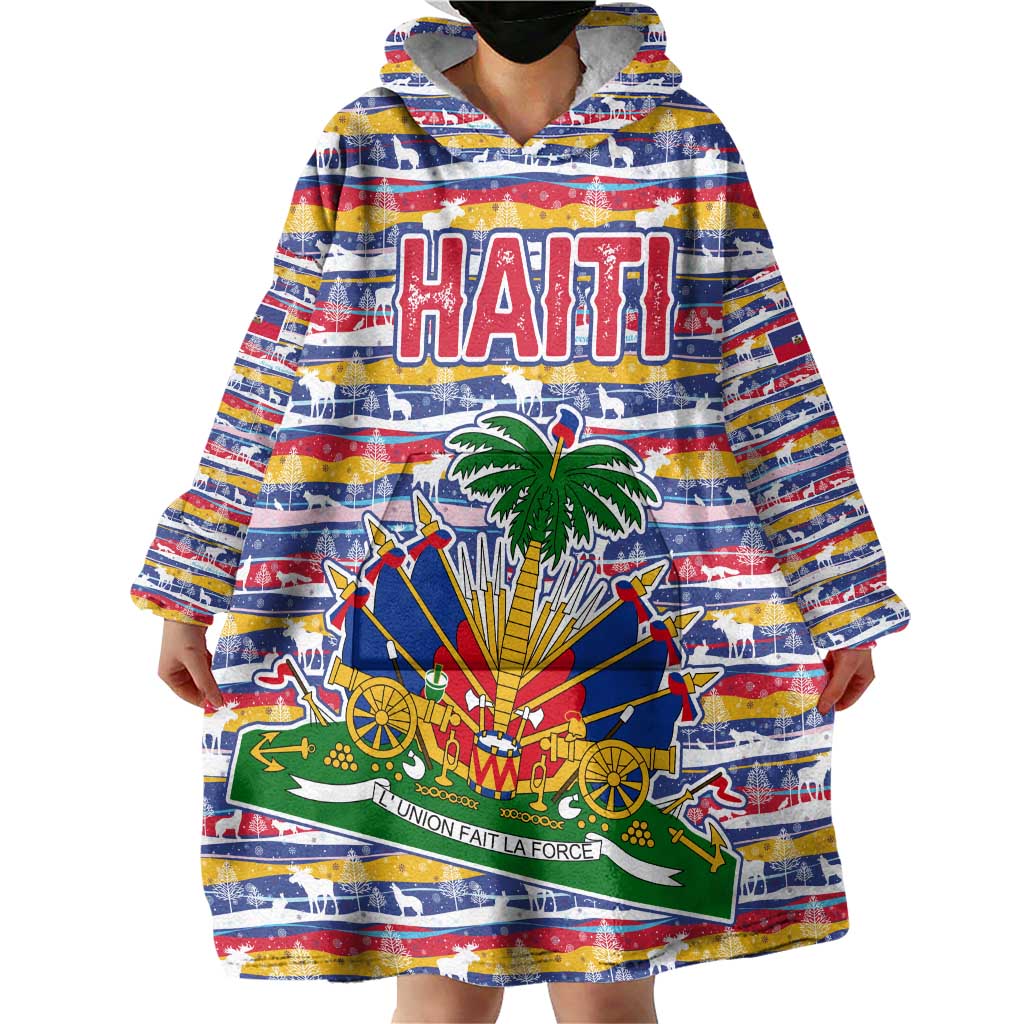 Haiti Christmas Wearable Blanket Hoodie with Blue Red Yellow Xmas Santa Sleigh and Coat of Arms - Wonder Print Shop