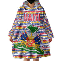 Haiti Christmas Wearable Blanket Hoodie with Blue Red Yellow Xmas Santa Sleigh and Coat of Arms - Wonder Print Shop
