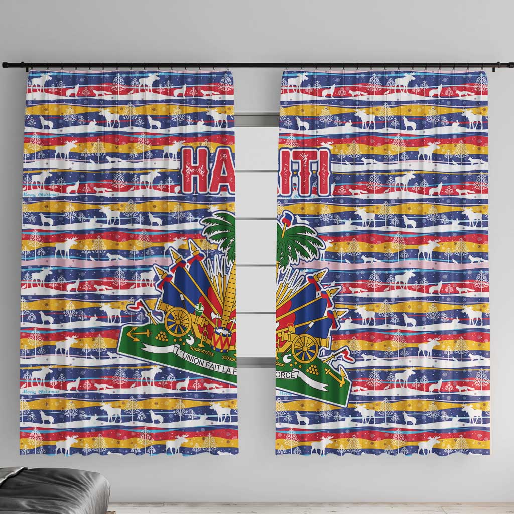 Haiti Christmas Window Curtain with Blue Red Yellow Xmas Santa Sleigh and Coat of Arms - Wonder Print Shop
