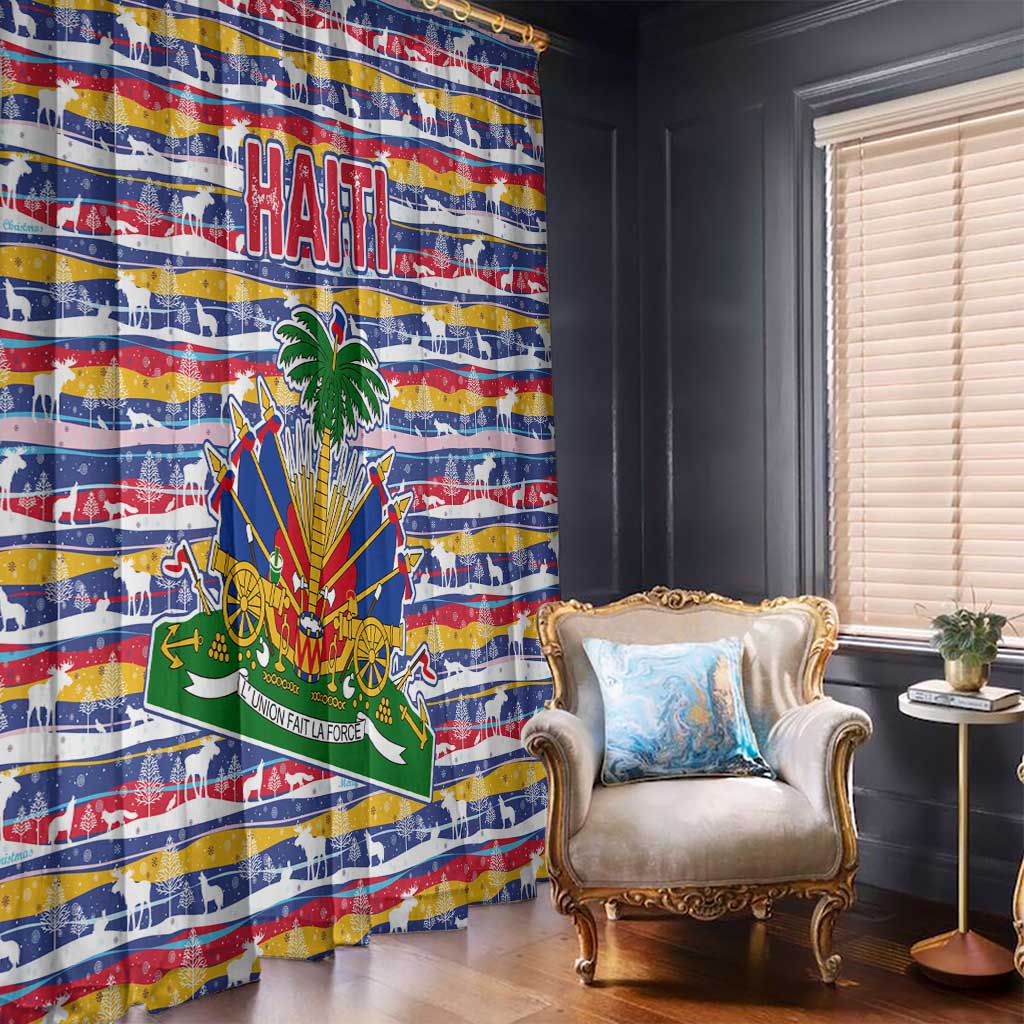 Haiti Christmas Window Curtain with Blue Red Yellow Xmas Santa Sleigh and Coat of Arms - Wonder Print Shop