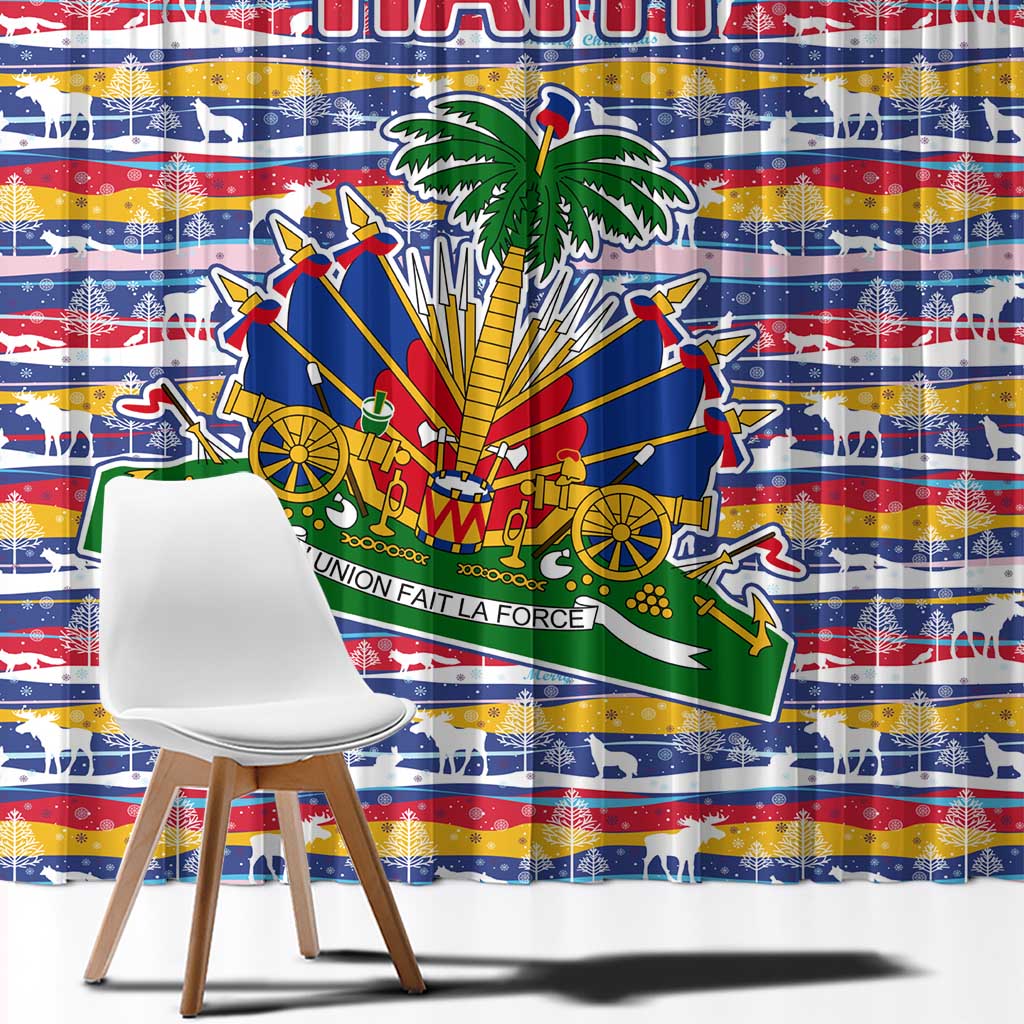 Haiti Christmas Window Curtain with Blue Red Yellow Xmas Santa Sleigh and Coat of Arms - Wonder Print Shop