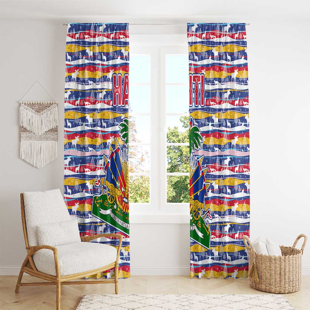 Haiti Christmas Window Curtain with Blue Red Yellow Xmas Santa Sleigh and Coat of Arms - Wonder Print Shop