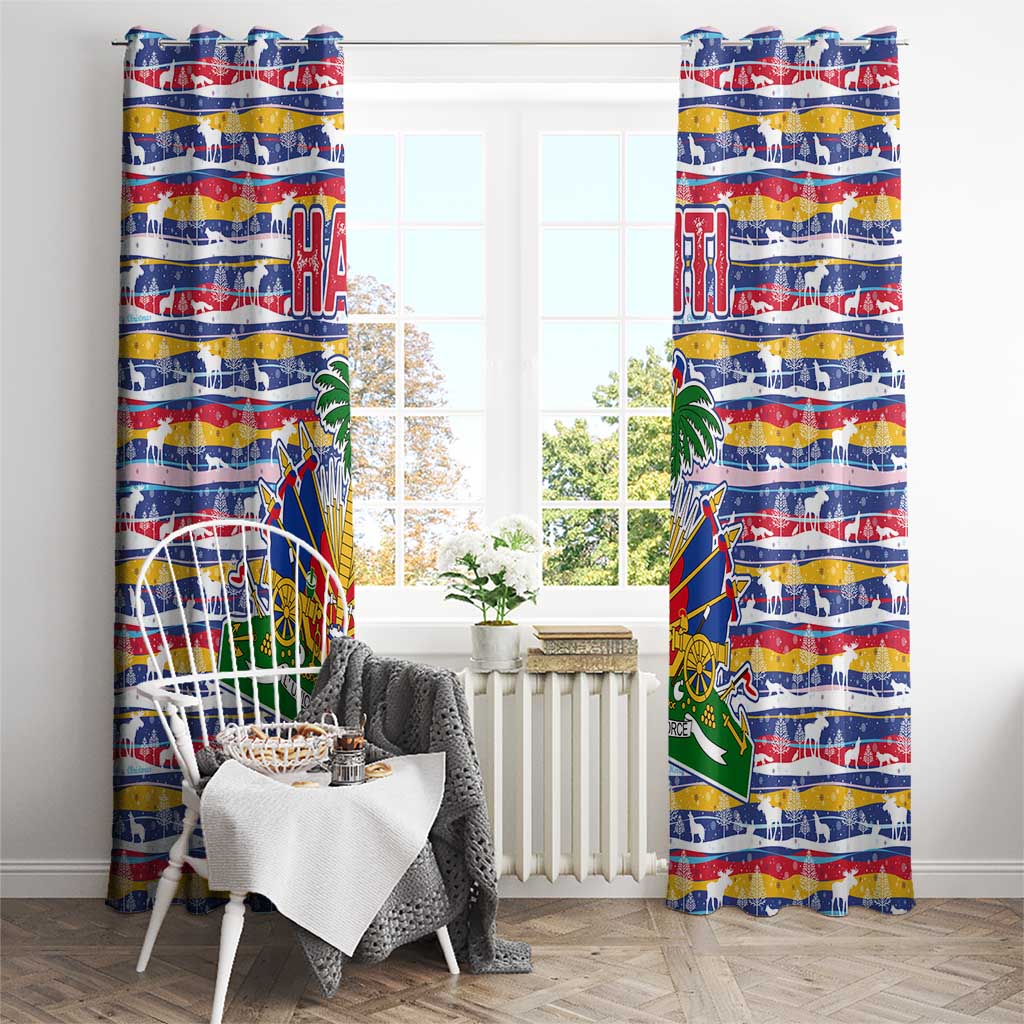 Haiti Christmas Window Curtain with Blue Red Yellow Xmas Santa Sleigh and Coat of Arms - Wonder Print Shop