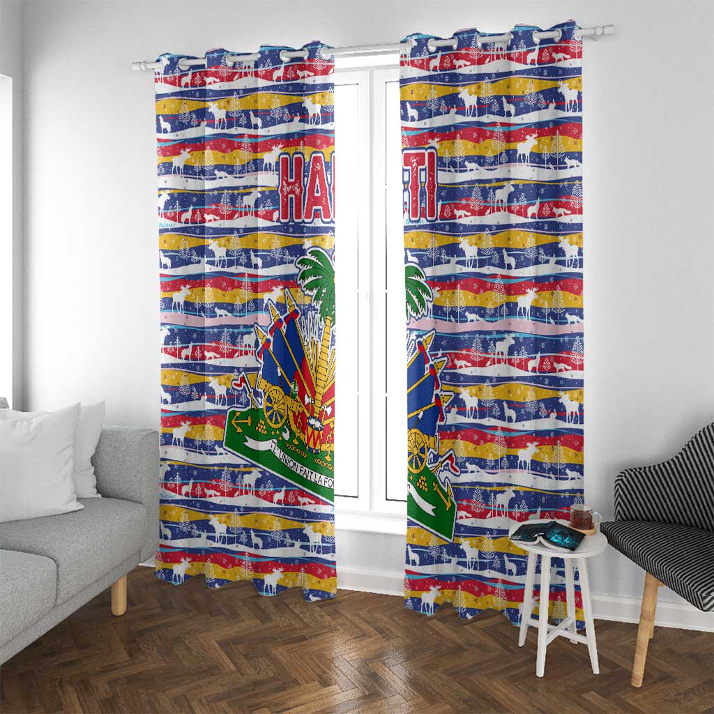 Haiti Christmas Window Curtain with Blue Red Yellow Xmas Santa Sleigh and Coat of Arms - Wonder Print Shop