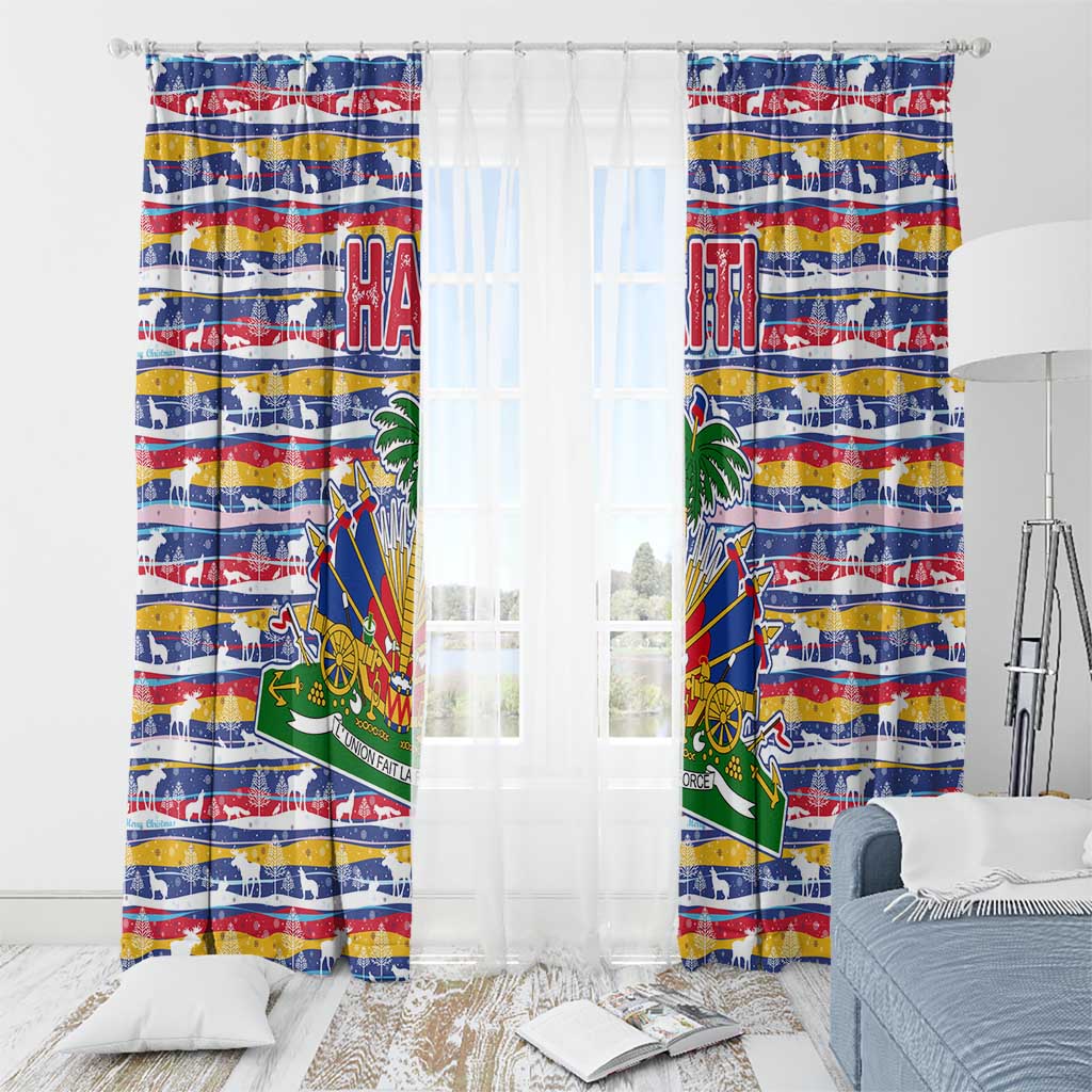 Haiti Christmas Window Curtain with Blue Red Yellow Xmas Santa Sleigh and Coat of Arms - Wonder Print Shop
