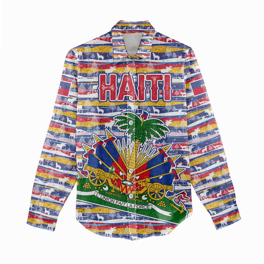 Haiti Christmas Women Casual Shirt with Blue Red Yellow Xmas Santa Sleigh and Coat of Arms - Wonder Print Shop
