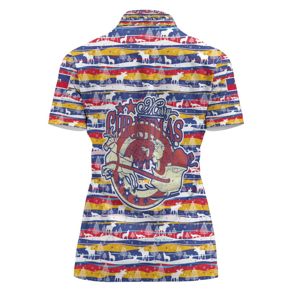 Haiti Christmas Women Polo Shirt with Blue Red Yellow Xmas Santa Sleigh and Coat of Arms - Wonder Print Shop