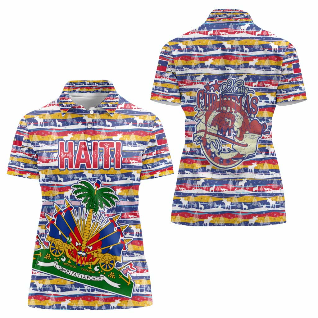Haiti Christmas Women Polo Shirt with Blue Red Yellow Xmas Santa Sleigh and Coat of Arms - Wonder Print Shop