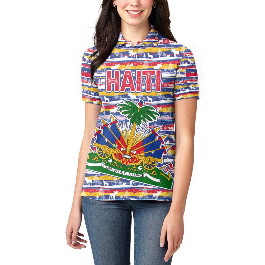Haiti Christmas Women Polo Shirt with Blue Red Yellow Xmas Santa Sleigh and Coat of Arms - Wonder Print Shop