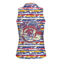 Haiti Christmas Women Sleeveless Polo Shirt with Blue Red Yellow Xmas Santa Sleigh and Coat of Arms - Wonder Print Shop