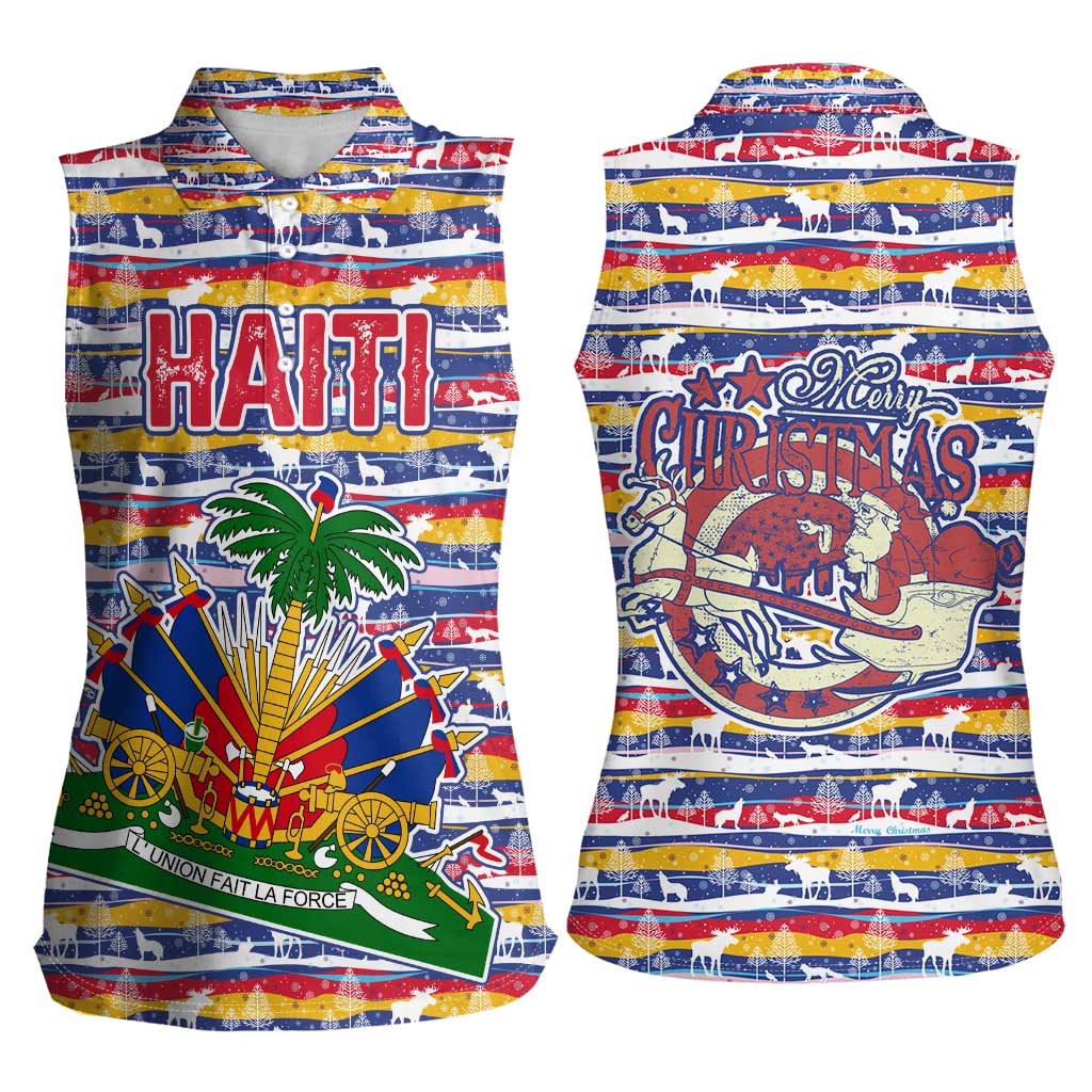 Haiti Christmas Women Sleeveless Polo Shirt with Blue Red Yellow Xmas Santa Sleigh and Coat of Arms - Wonder Print Shop