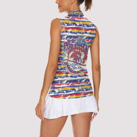 Haiti Christmas Women Sleeveless Polo Shirt with Blue Red Yellow Xmas Santa Sleigh and Coat of Arms - Wonder Print Shop