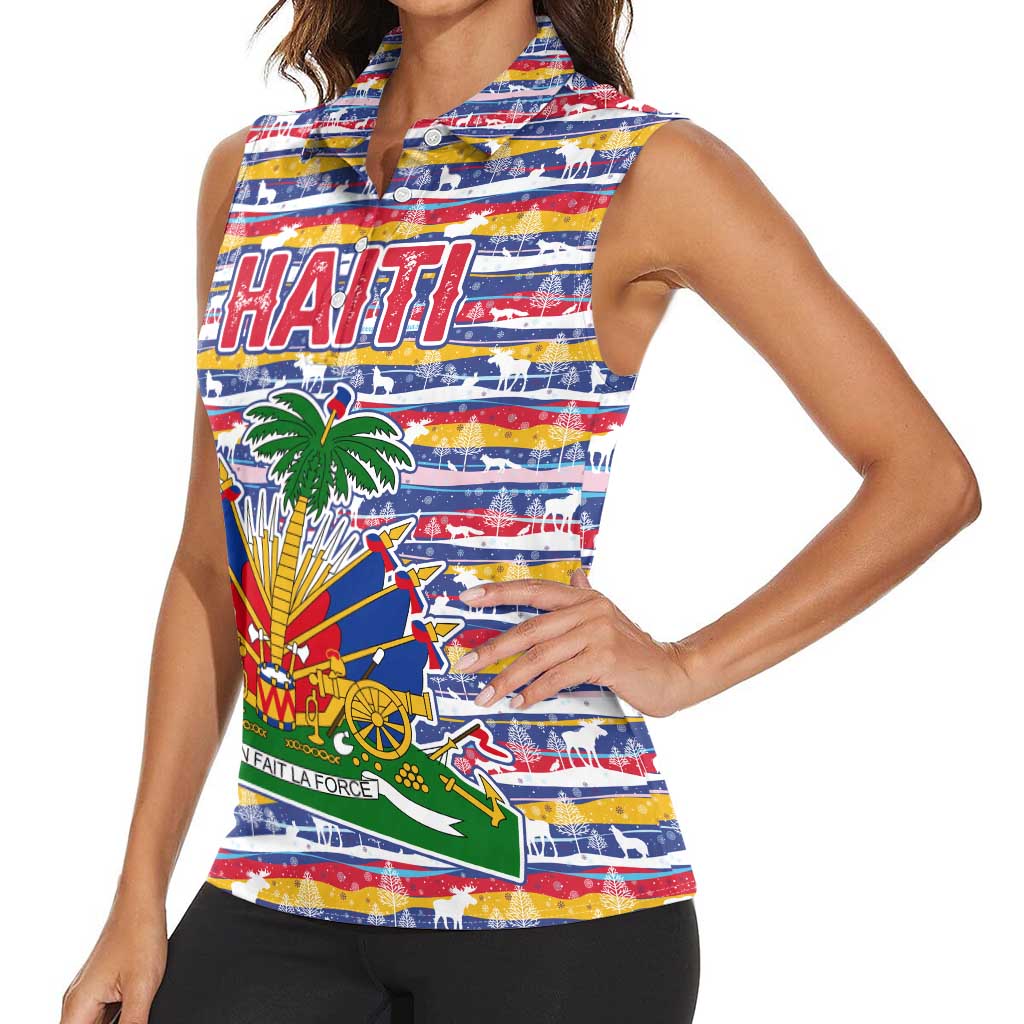 Haiti Christmas Women Sleeveless Polo Shirt with Blue Red Yellow Xmas Santa Sleigh and Coat of Arms - Wonder Print Shop