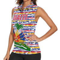 Haiti Christmas Women Sleeveless Polo Shirt with Blue Red Yellow Xmas Santa Sleigh and Coat of Arms - Wonder Print Shop