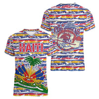 Haiti Christmas Women V-Neck T-Shirt with Blue Red Yellow Xmas Santa Sleigh and Coat of Arms - Wonder Print Shop