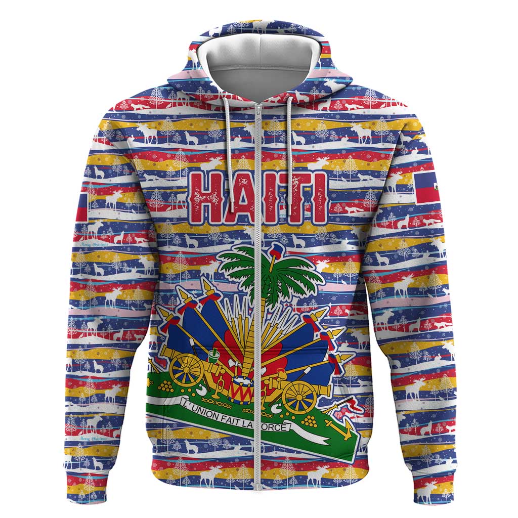 Haiti Christmas Zip Hoodie with Blue Red Yellow Xmas Santa Sleigh and Coat of Arms - Wonder Print Shop