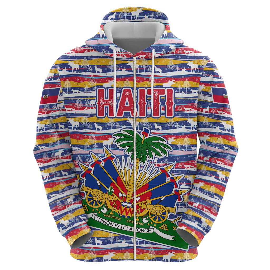 Haiti Christmas Zip Hoodie with Blue Red Yellow Xmas Santa Sleigh and Coat of Arms - Wonder Print Shop