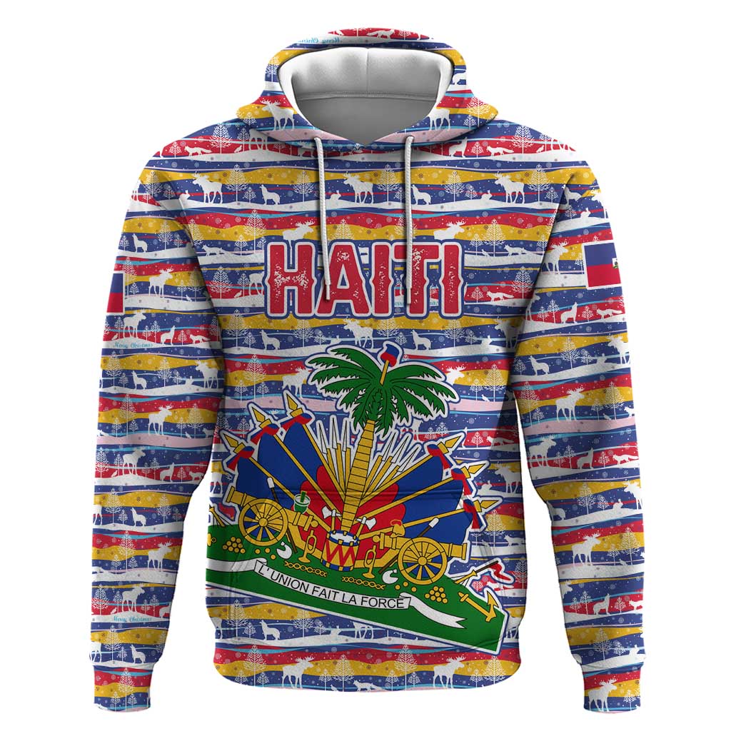 Haiti Christmas Zip Hoodie with Blue Red Yellow Xmas Santa Sleigh and Coat of Arms - Wonder Print Shop