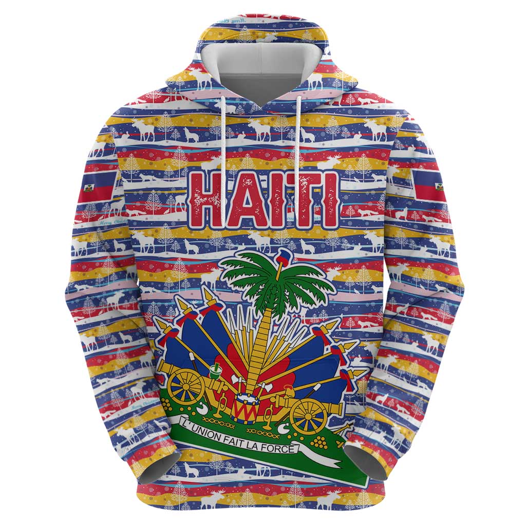 Haiti Christmas Zip Hoodie with Blue Red Yellow Xmas Santa Sleigh and Coat of Arms - Wonder Print Shop