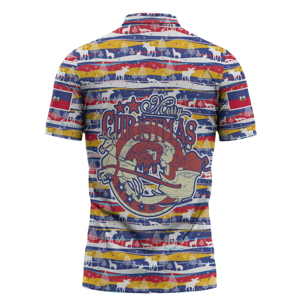 Haiti Christmas Zipper Polo Shirt with Blue Red Yellow Xmas Santa Sleigh and Coat of Arms - Wonder Print Shop