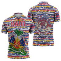 Haiti Christmas Zipper Polo Shirt with Blue Red Yellow Xmas Santa Sleigh and Coat of Arms - Wonder Print Shop