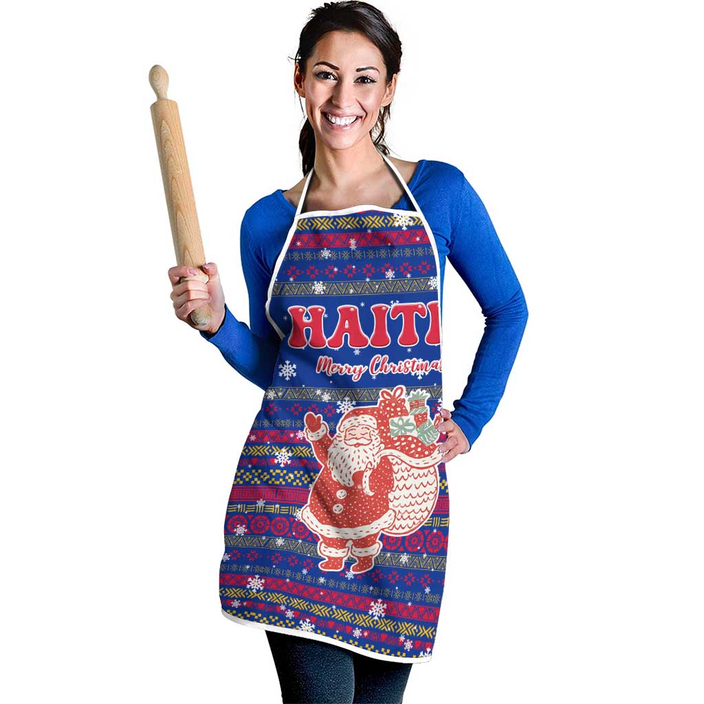 Haiti Christmas Apron with Blue Red Xmas Santa Snowflake and Map - Wonder Print Shop