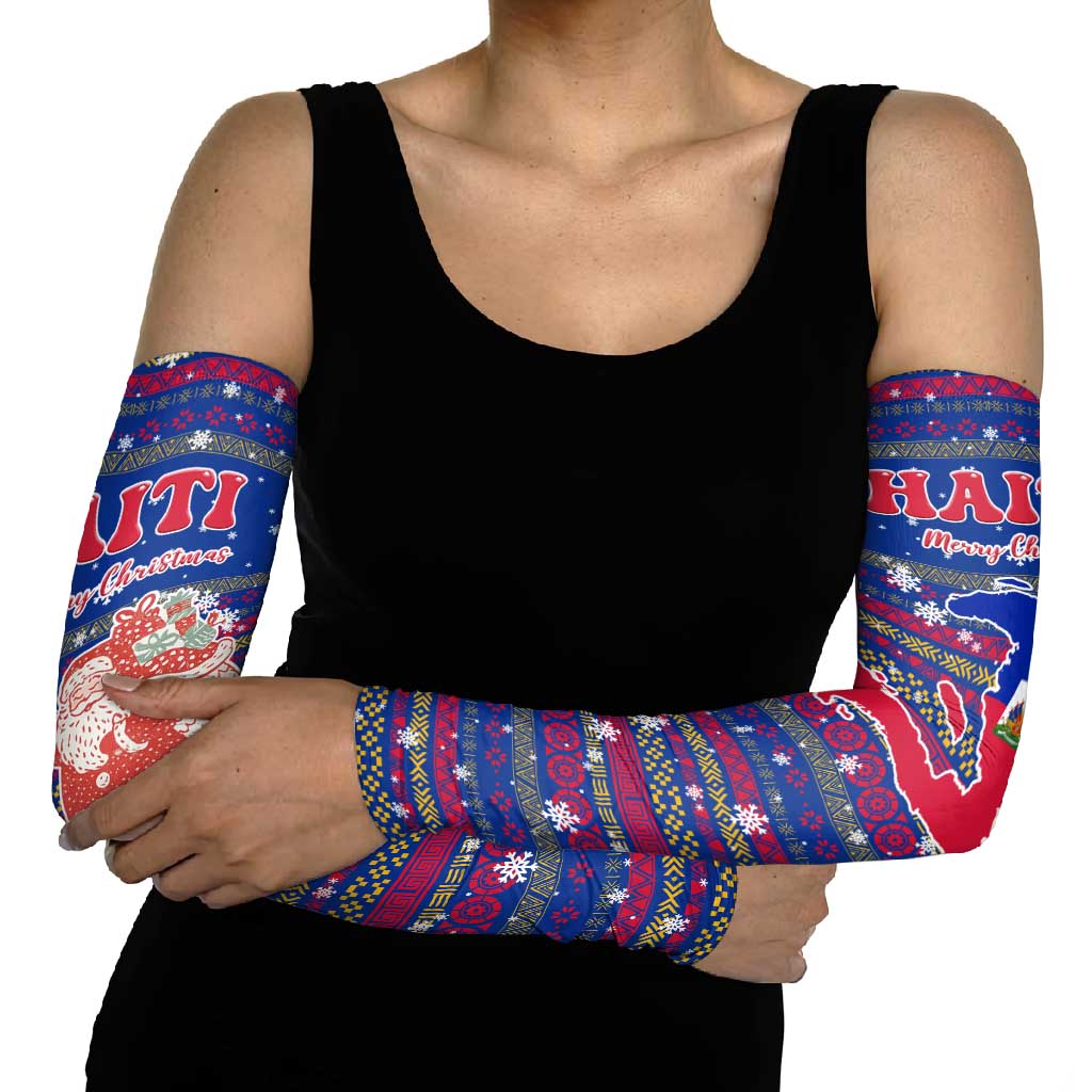 Haiti Christmas Arm Sleeves with Blue Red Xmas Santa Snowflake and Map - Wonder Print Shop
