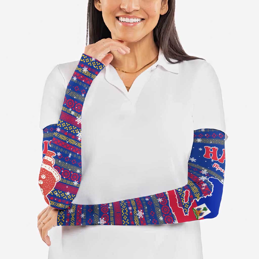 Haiti Christmas Arm Sleeves with Blue Red Xmas Santa Snowflake and Map - Wonder Print Shop