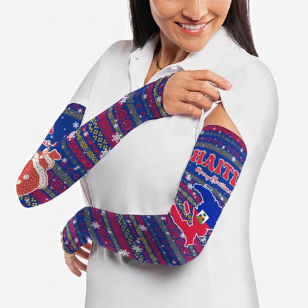 Haiti Christmas Arm Sleeves with Blue Red Xmas Santa Snowflake and Map - Wonder Print Shop