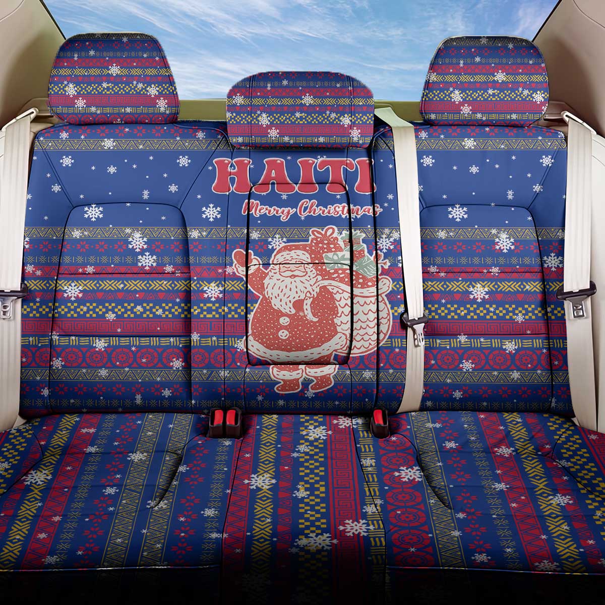 Haiti Christmas Back Car Seat Cover with Blue Red Xmas Santa Snowflake and Map - Wonder Print Shop