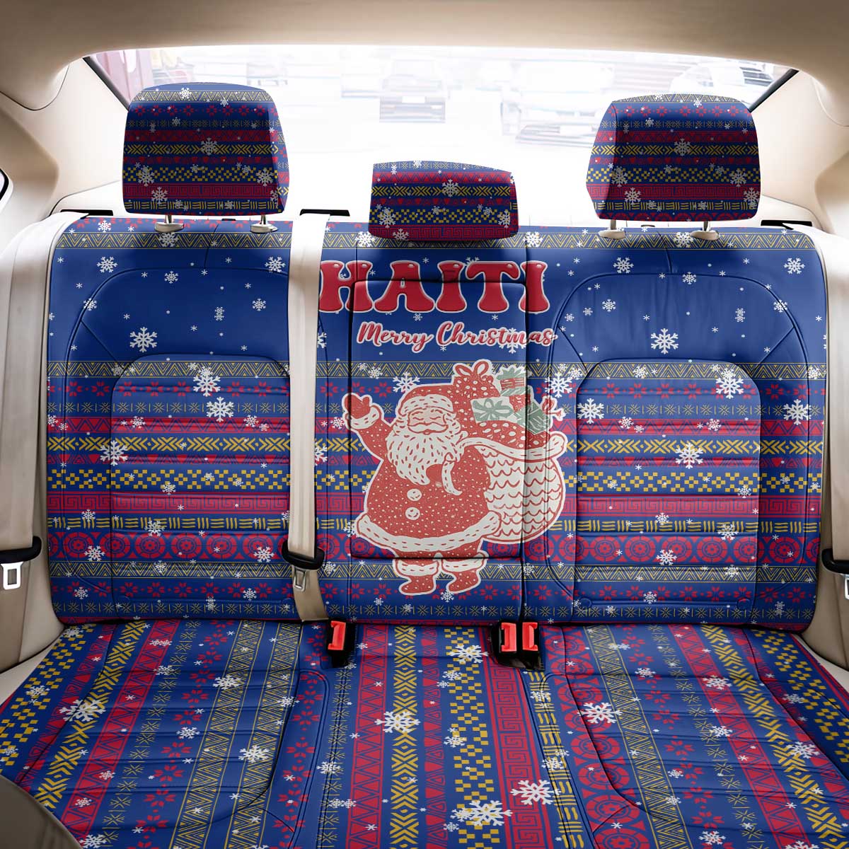 Haiti Christmas Back Car Seat Cover with Blue Red Xmas Santa Snowflake and Map - Wonder Print Shop