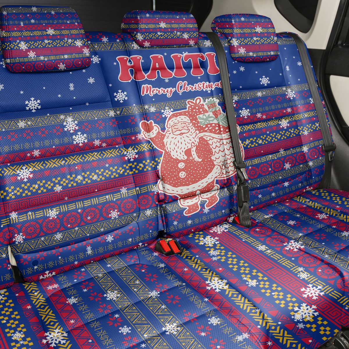 Haiti Christmas Back Car Seat Cover with Blue Red Xmas Santa Snowflake and Map - Wonder Print Shop