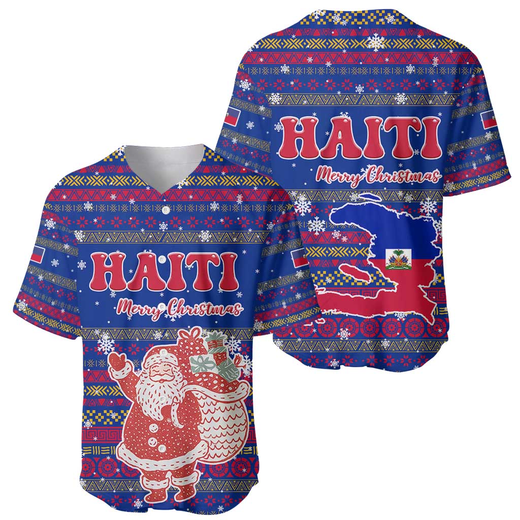 Haiti Christmas Baseball Jersey with Blue Red Xmas Santa Snowflake and Map - Wonder Print Shop