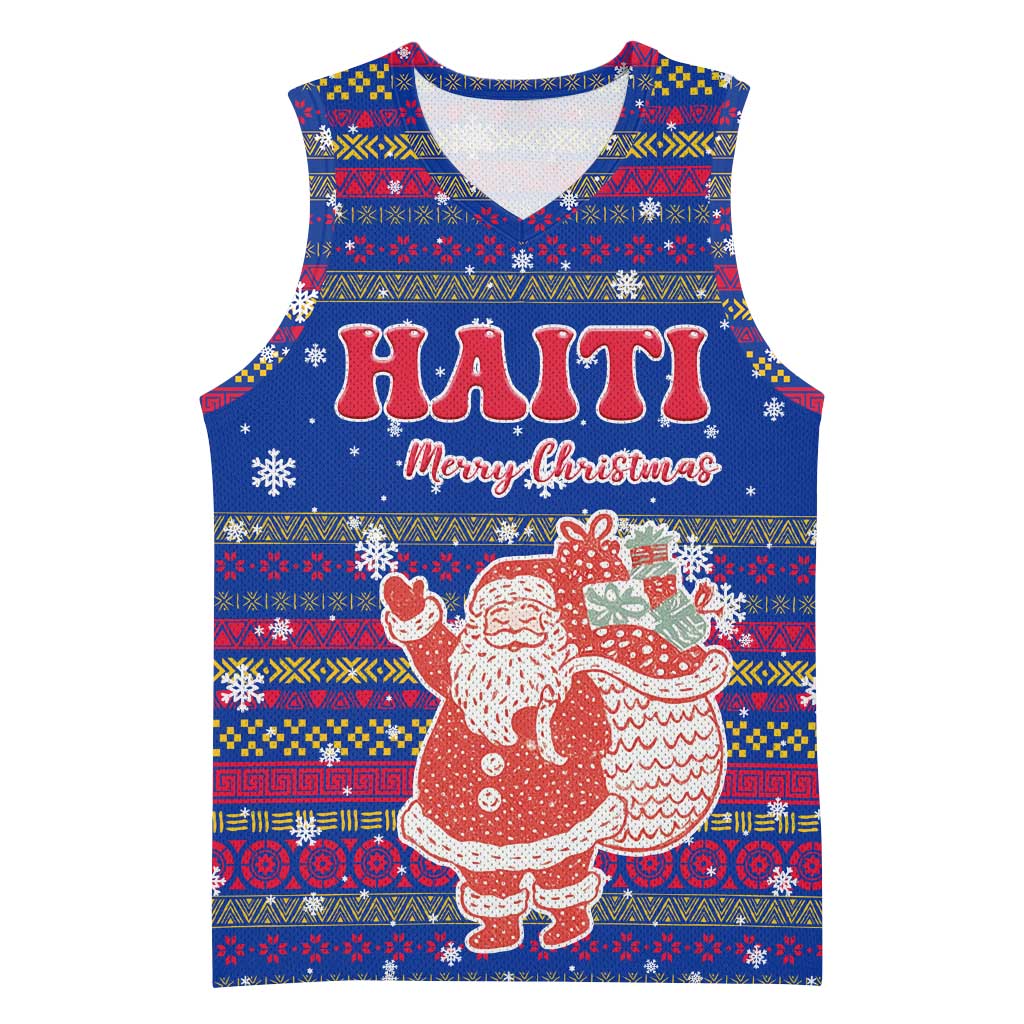 Haiti Christmas Basketball Jersey with Blue Red Xmas Santa Snowflake and Map - Wonder Print Shop