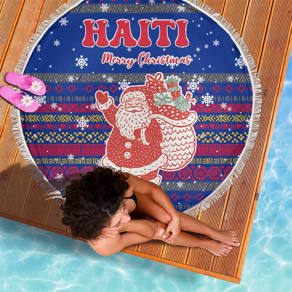 Haiti Christmas Beach Blanket with Blue Red Xmas Santa Snowflake and Map - Wonder Print Shop