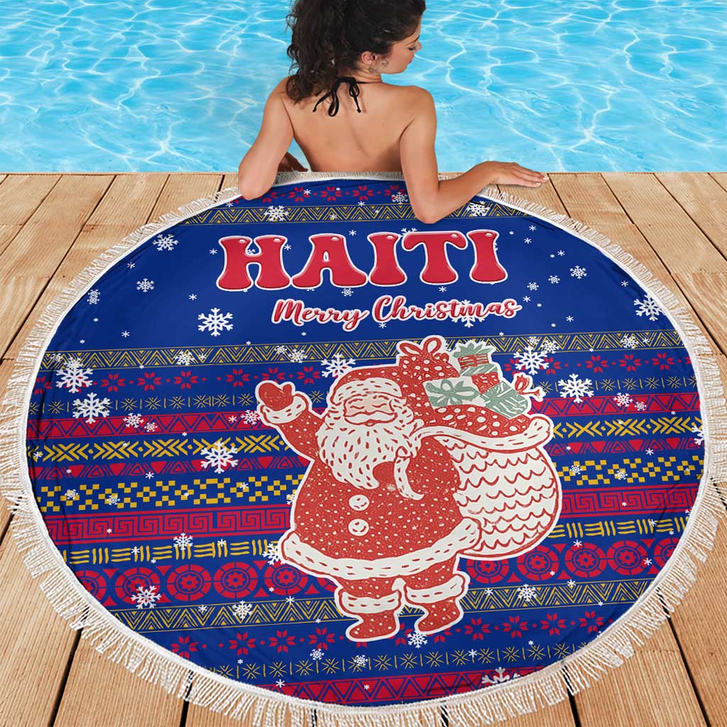 Haiti Christmas Beach Blanket with Blue Red Xmas Santa Snowflake and Map - Wonder Print Shop