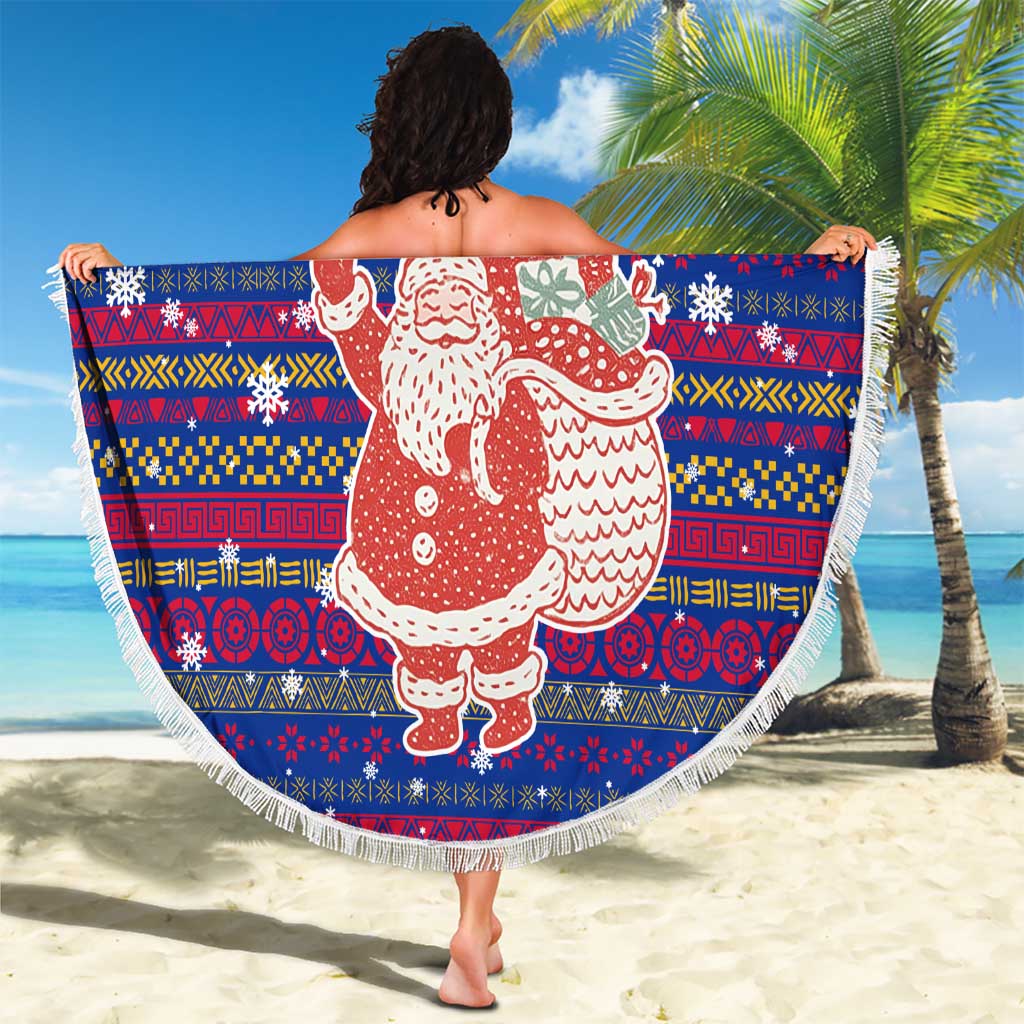 Haiti Christmas Beach Blanket with Blue Red Xmas Santa Snowflake and Map - Wonder Print Shop