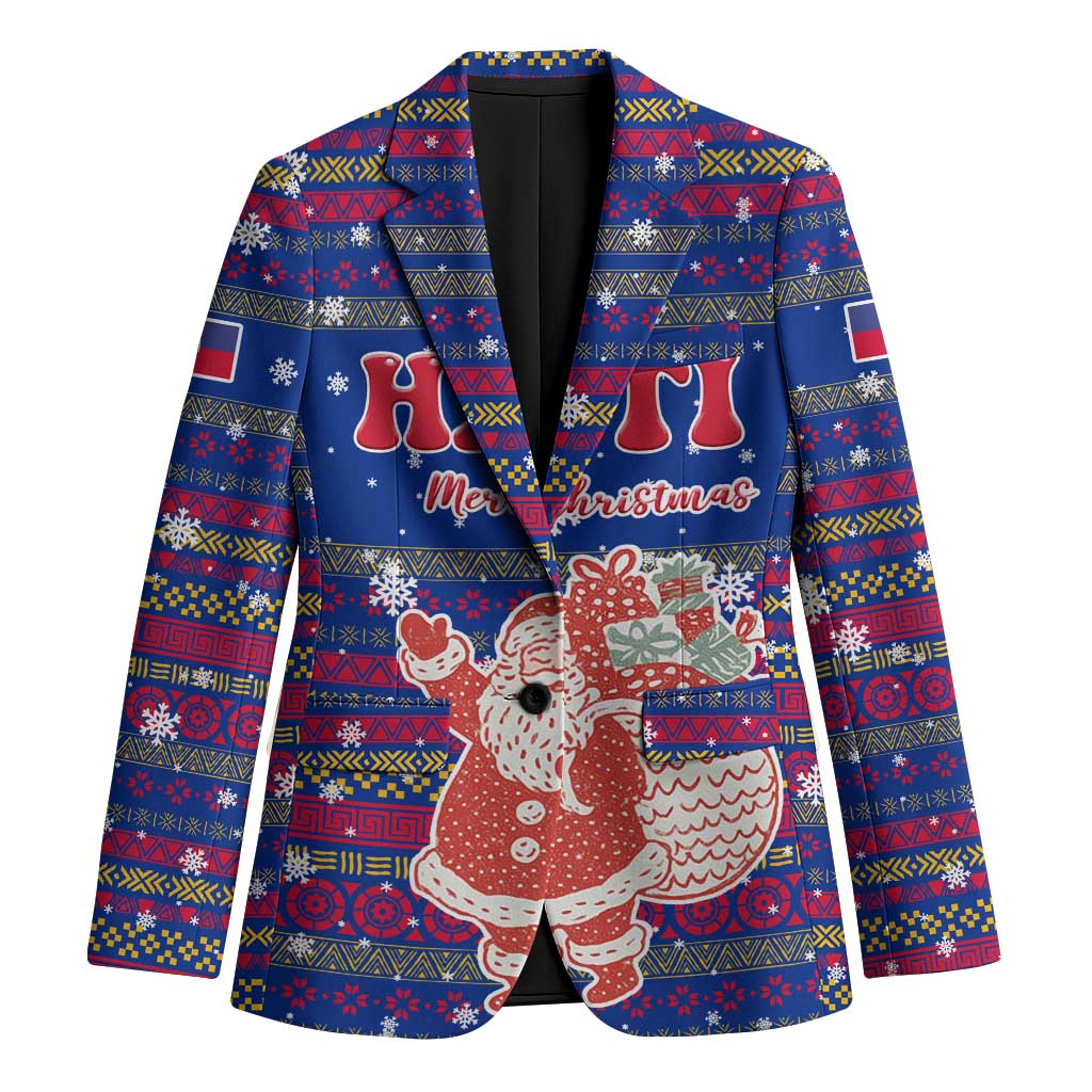 Haiti Christmas Blazer with Blue Red Xmas Santa Snowflake and Map - Wonder Print Shop