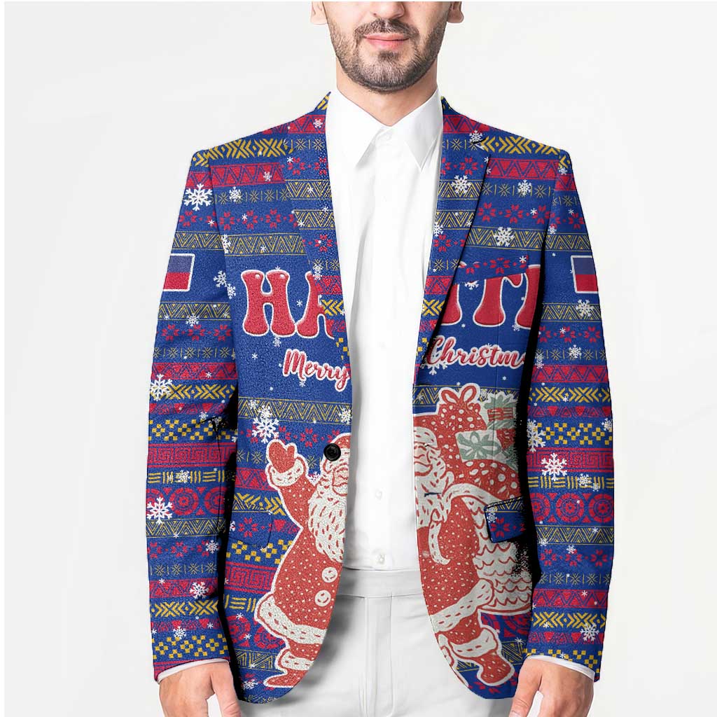 Haiti Christmas Blazer with Blue Red Xmas Santa Snowflake and Map - Wonder Print Shop