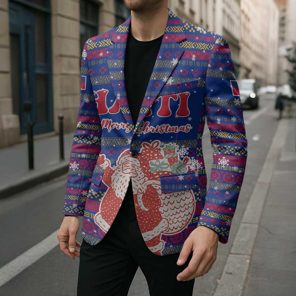 Haiti Christmas Blazer with Blue Red Xmas Santa Snowflake and Map - Wonder Print Shop