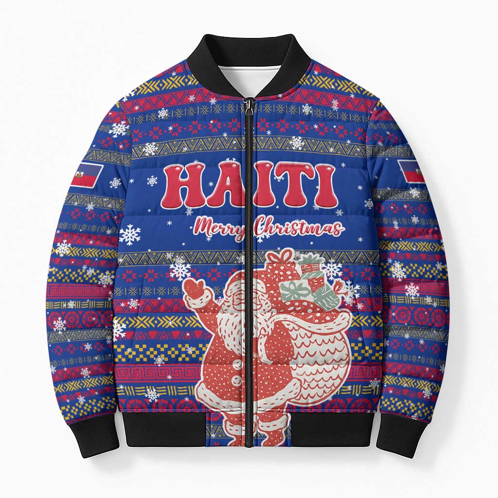 Haiti Christmas Bomber Puffer Jacket with Blue Red Xmas Santa Snowflake and Map - Wonder Print Shop