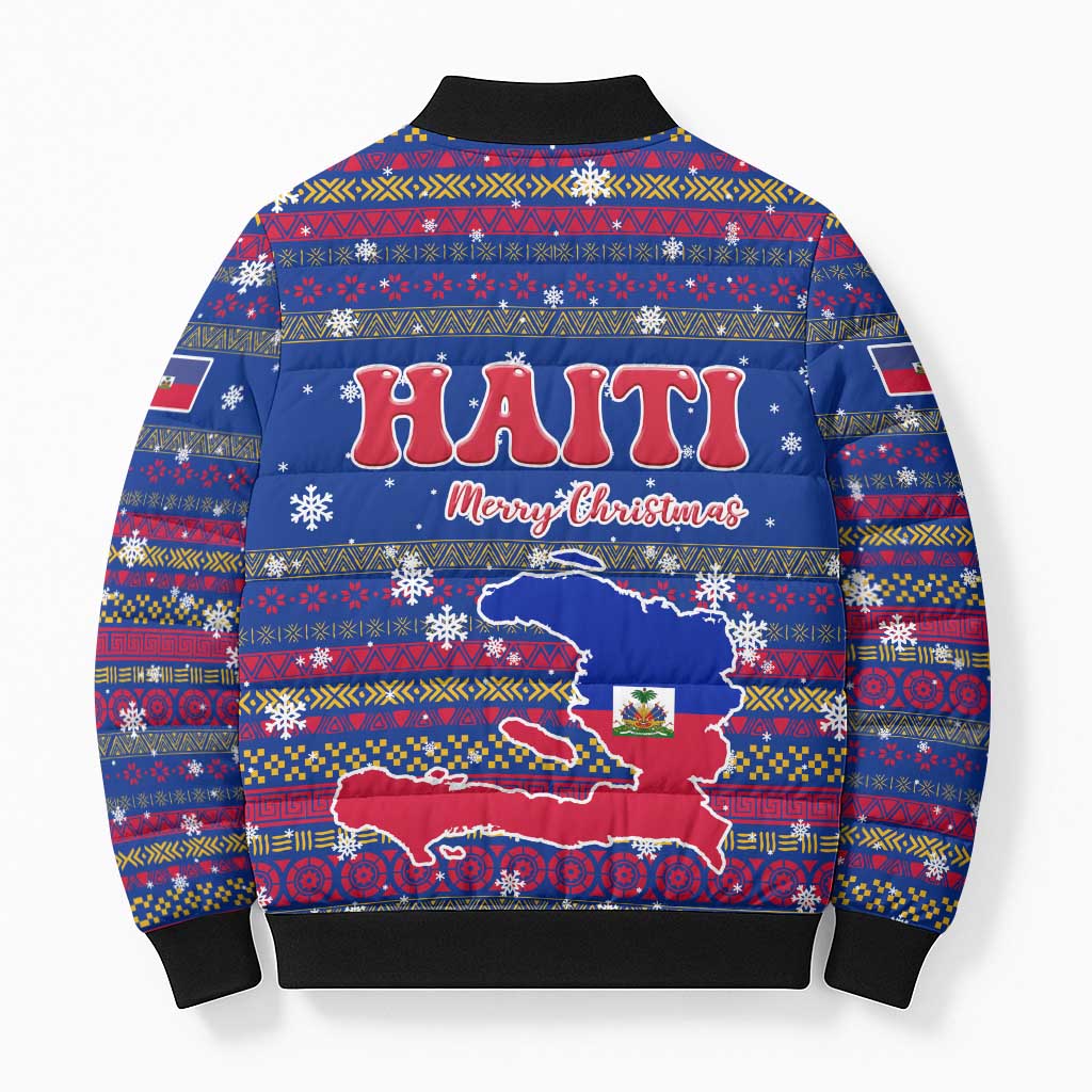 Haiti Christmas Bomber Puffer Jacket with Blue Red Xmas Santa Snowflake and Map - Wonder Print Shop
